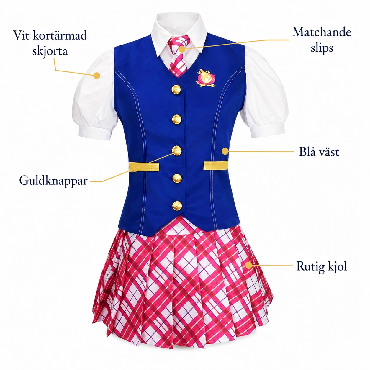 Skoluniform cosplay-dräkt med skjorta, väst och kjol
