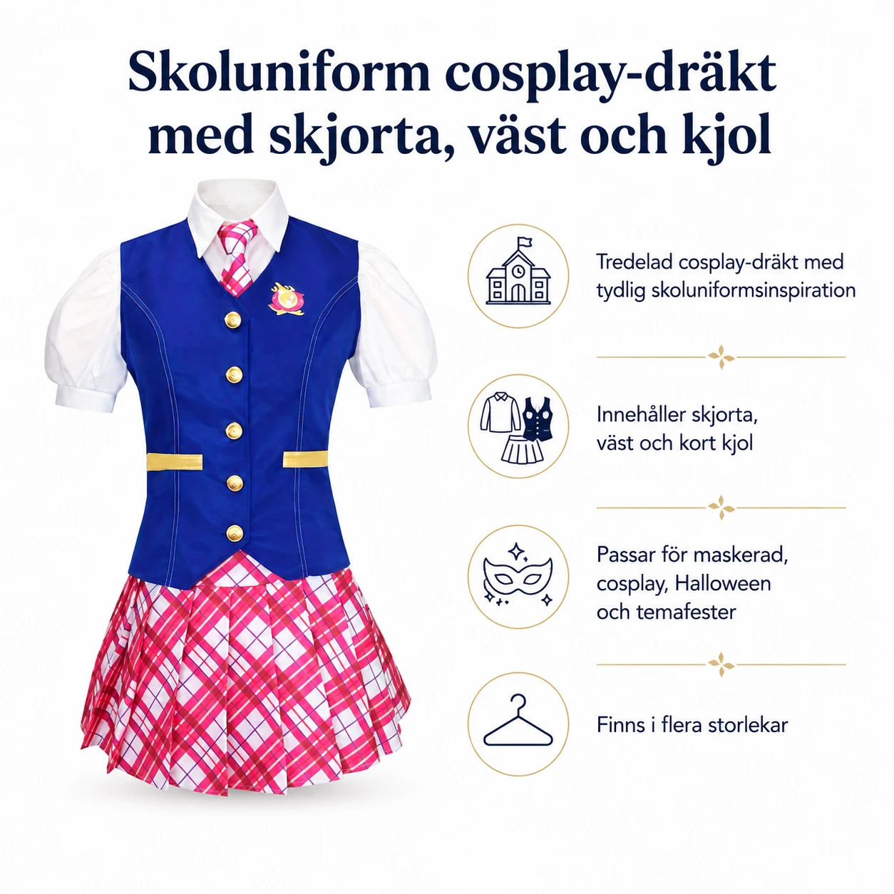 Skoluniform cosplay-dräkt med skjorta, väst och kjol