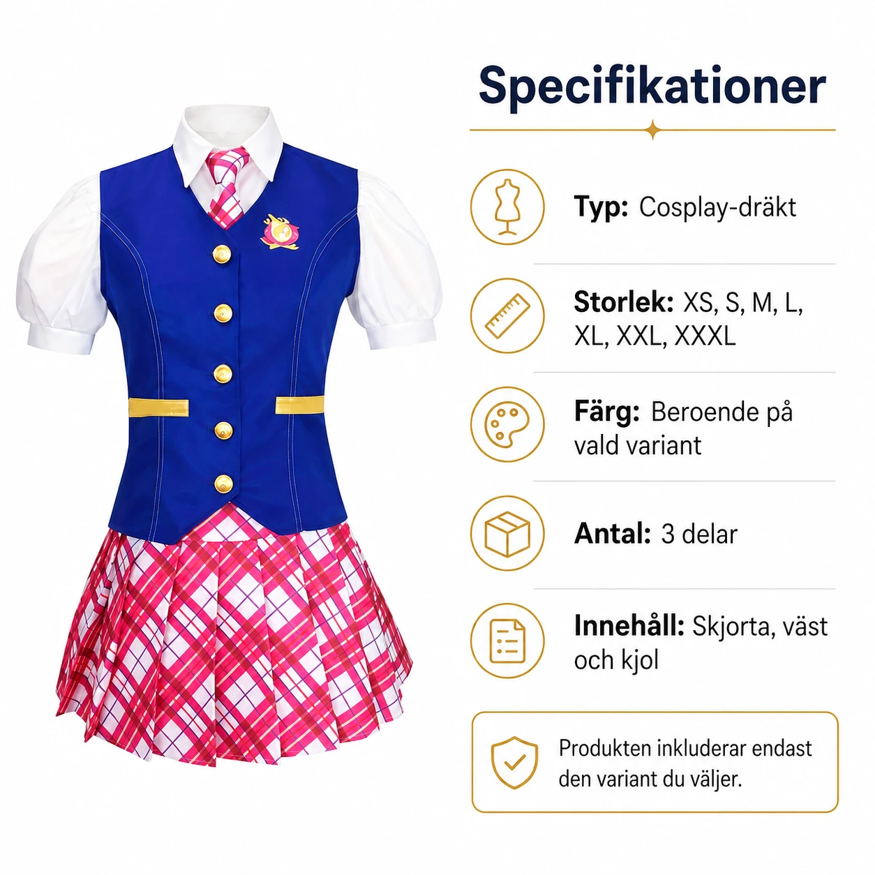 Skoluniform cosplay-dräkt med skjorta, väst och kjol