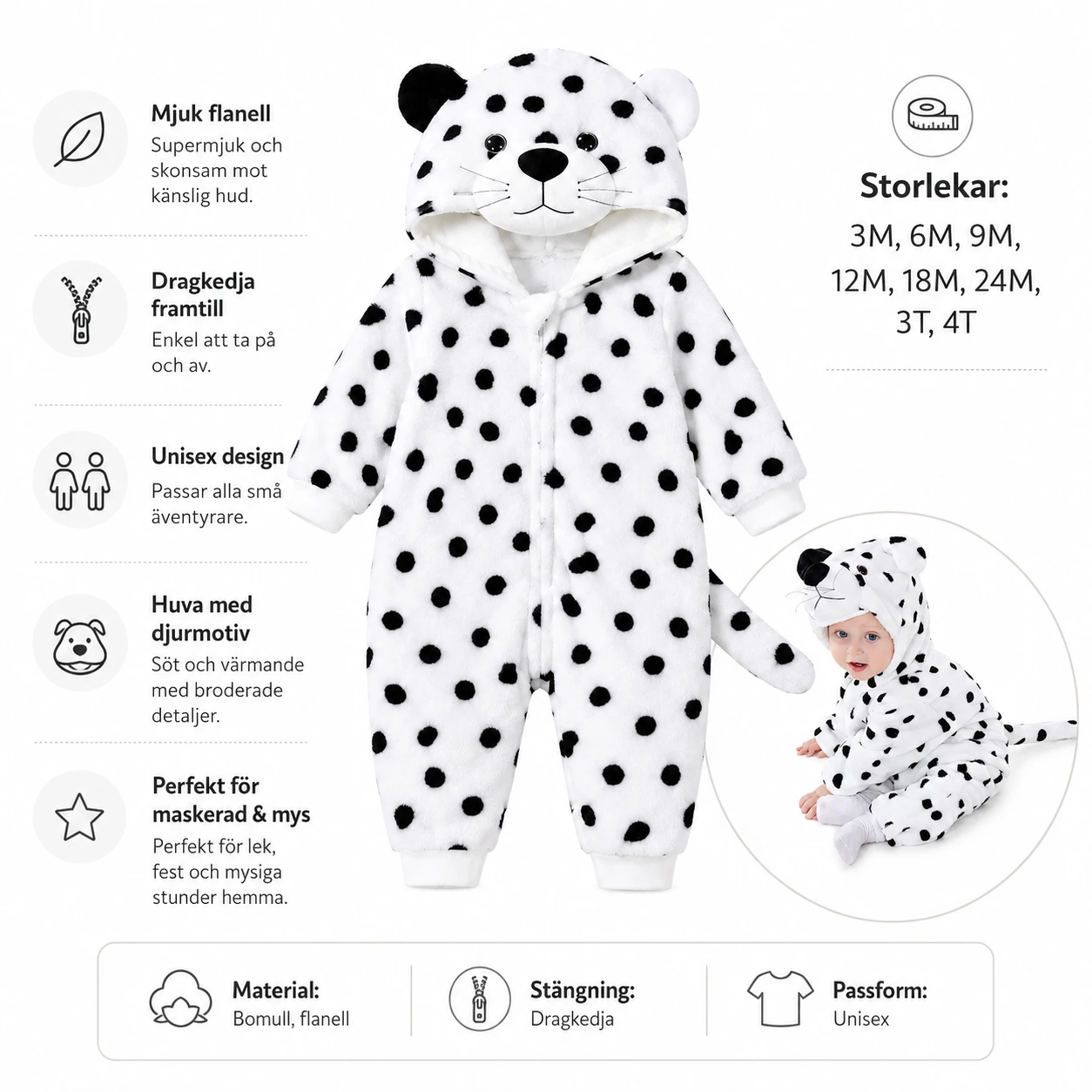Snöleopard Maskeraddräkt för Barn – Mjuk Flanell med Huva