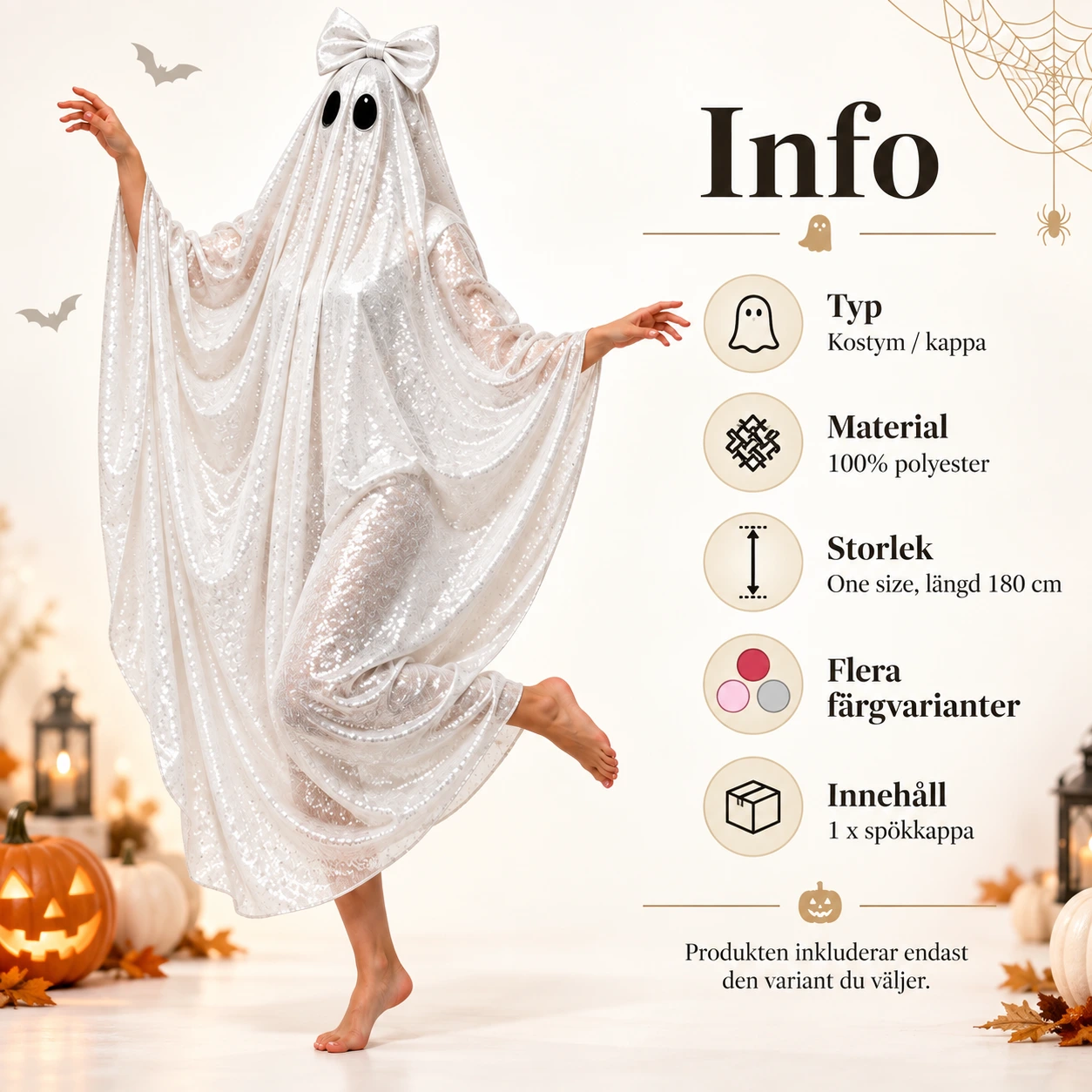 Glittrande Spökcape Dräkt med Rosett för Vuxna