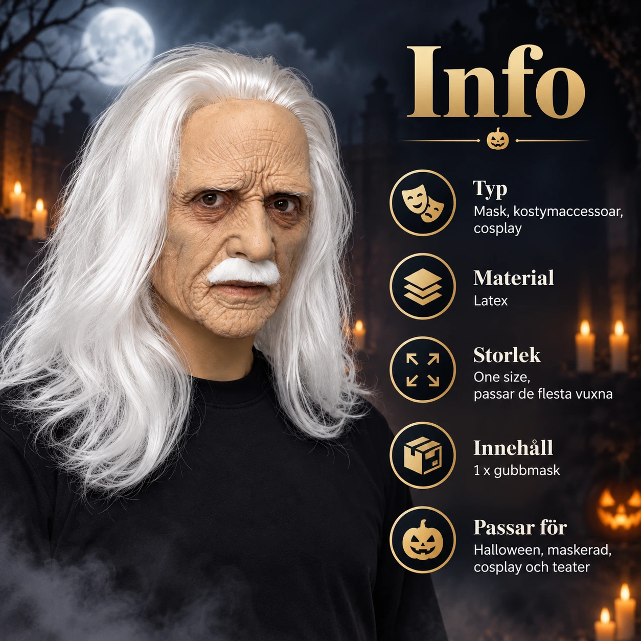 Gubbe mask för halloween i latex med vitt hår