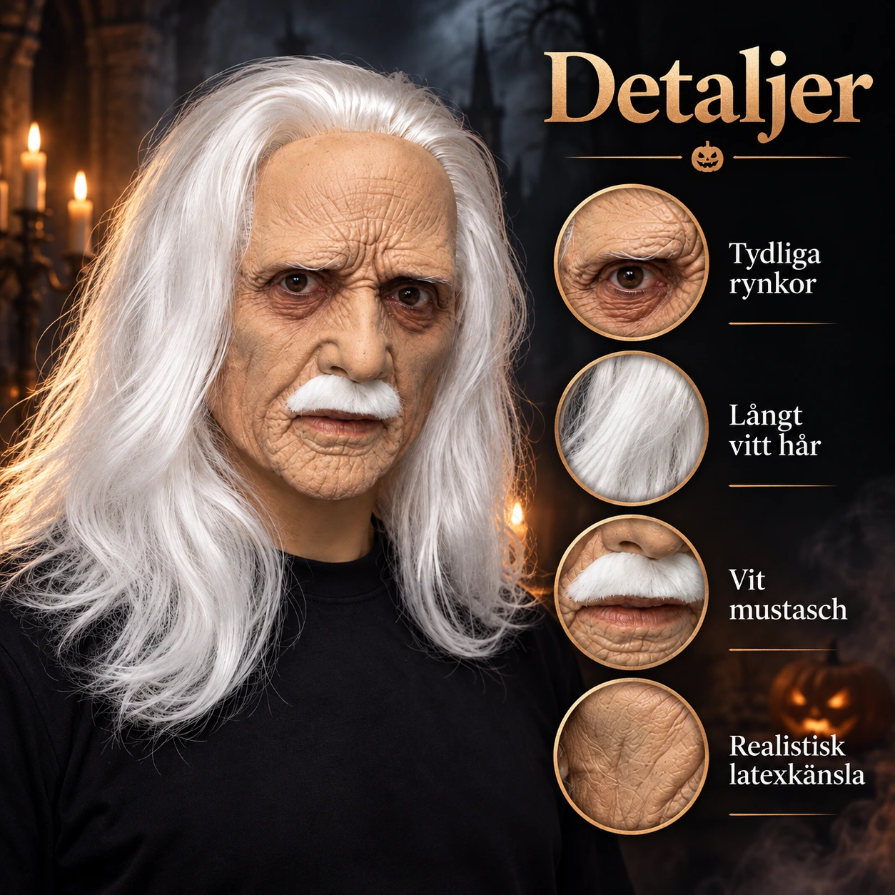 Gubbe mask för halloween i latex med vitt hår
