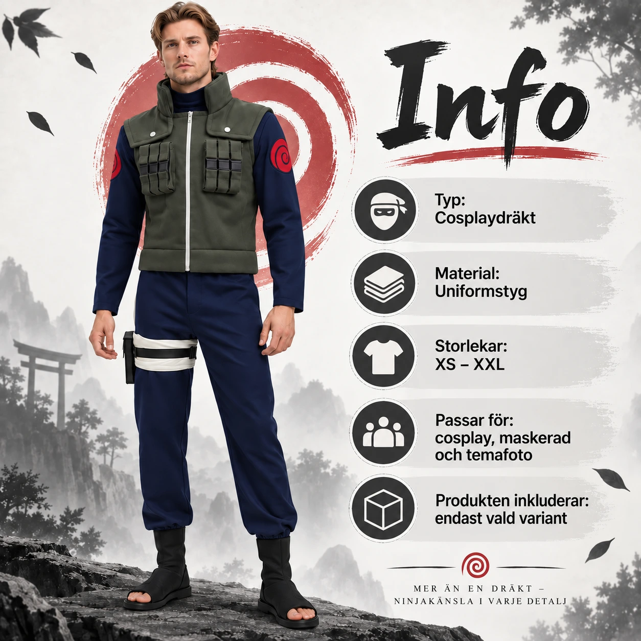 Ninja-cosplayasu sinisellä univormulla ja vihreällä liivillä