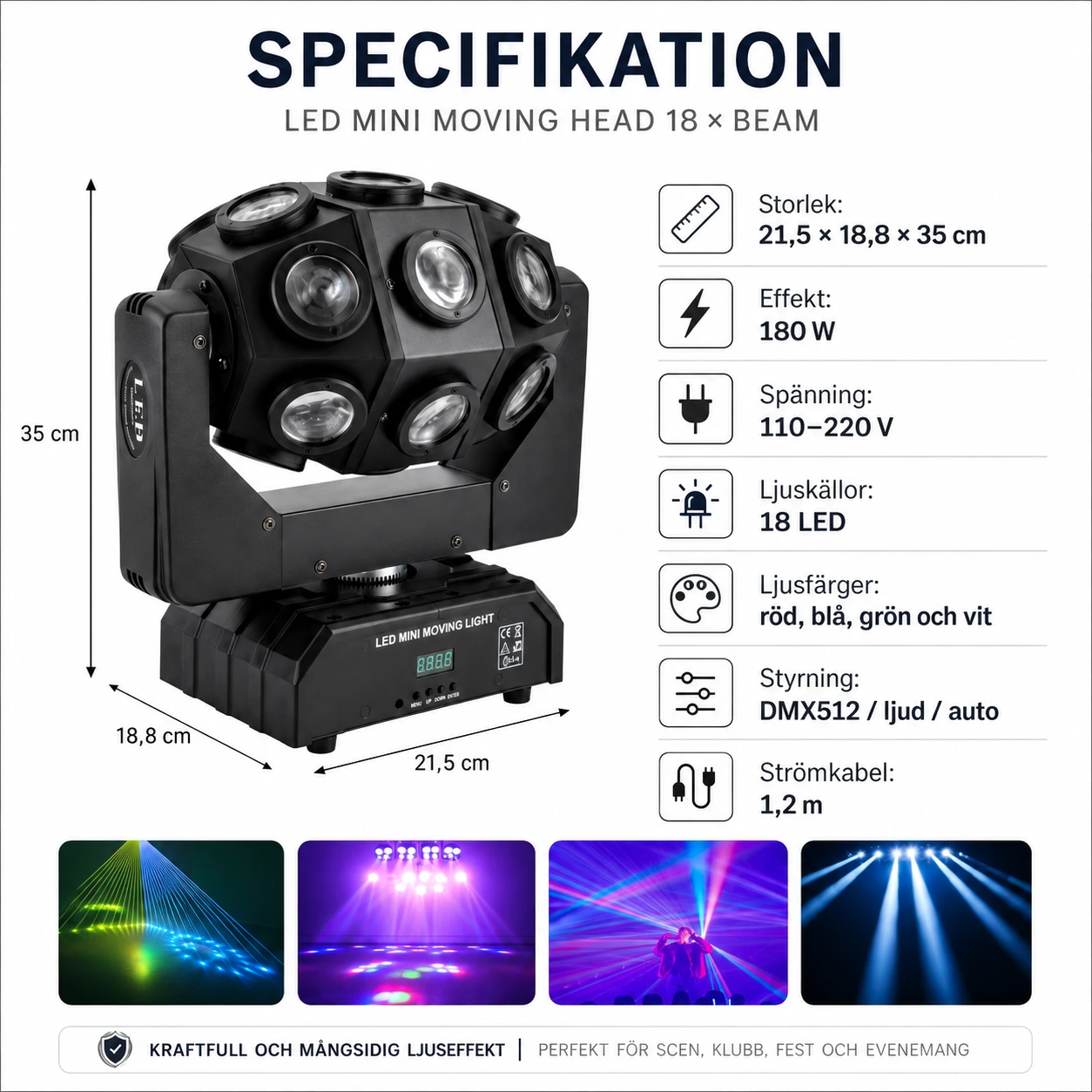 Moving head-lampa för fest och scen med DMX512 och RGBW