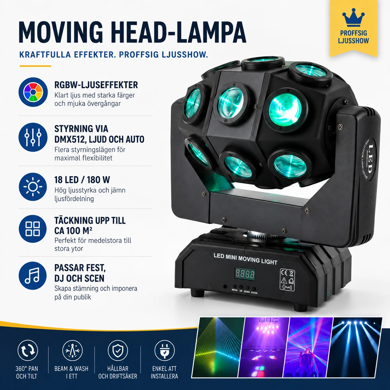 Moving head-lampa för fest och scen med DMX512 och RGBW