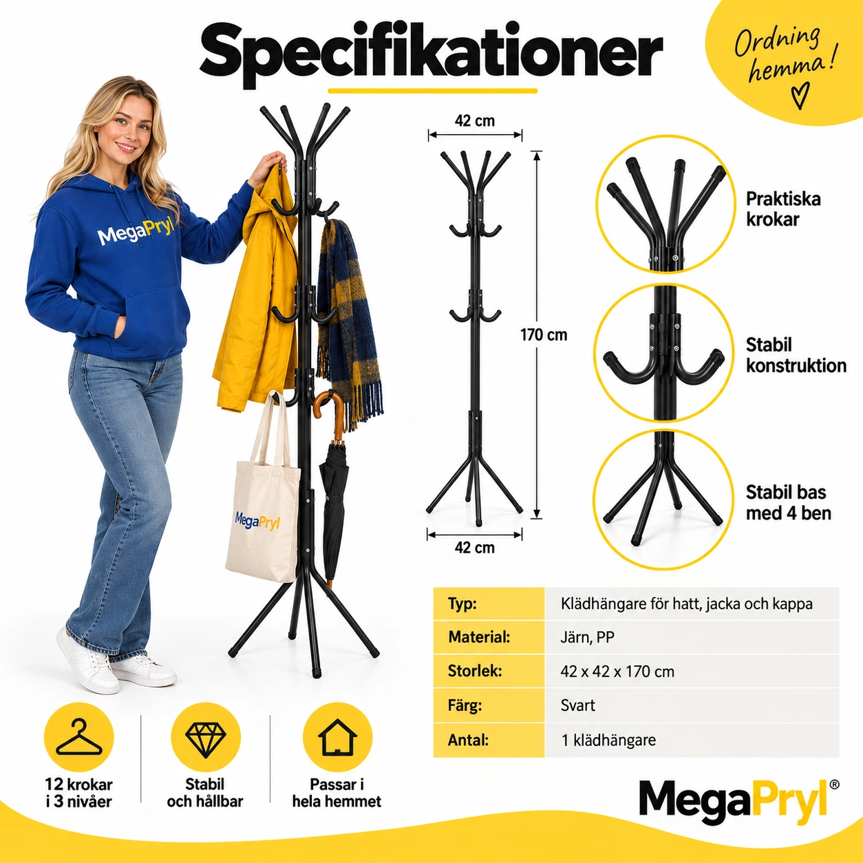 Fristående klädhängare för hall och kontor, svart 170 cm