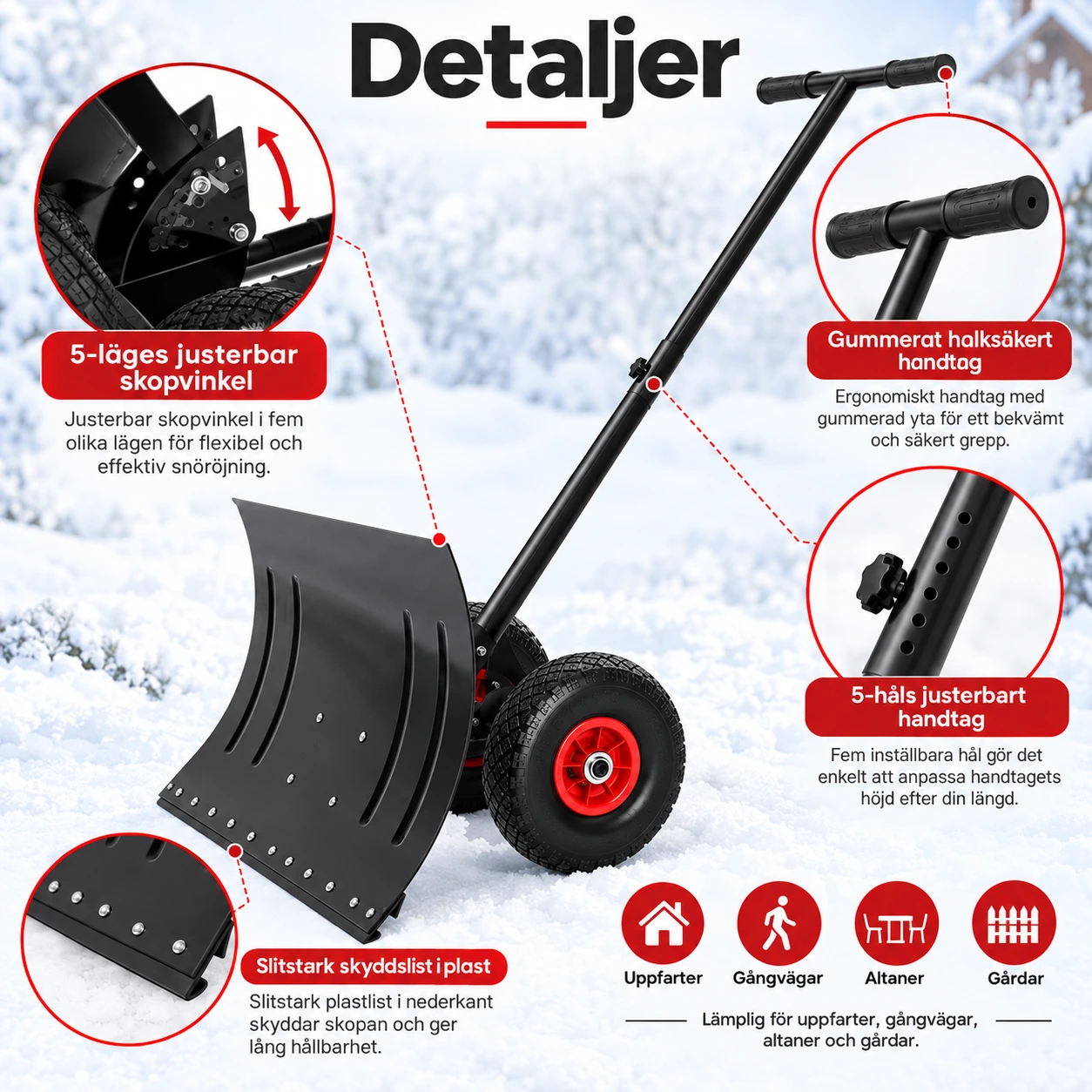 Snöskyffel med hjul för uppfart och gångväg i stål