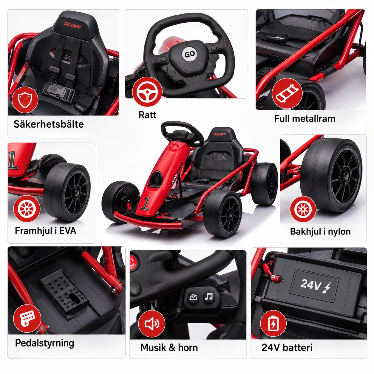 Elektrisk gokart för barn med 24V batteri och två hastigheter