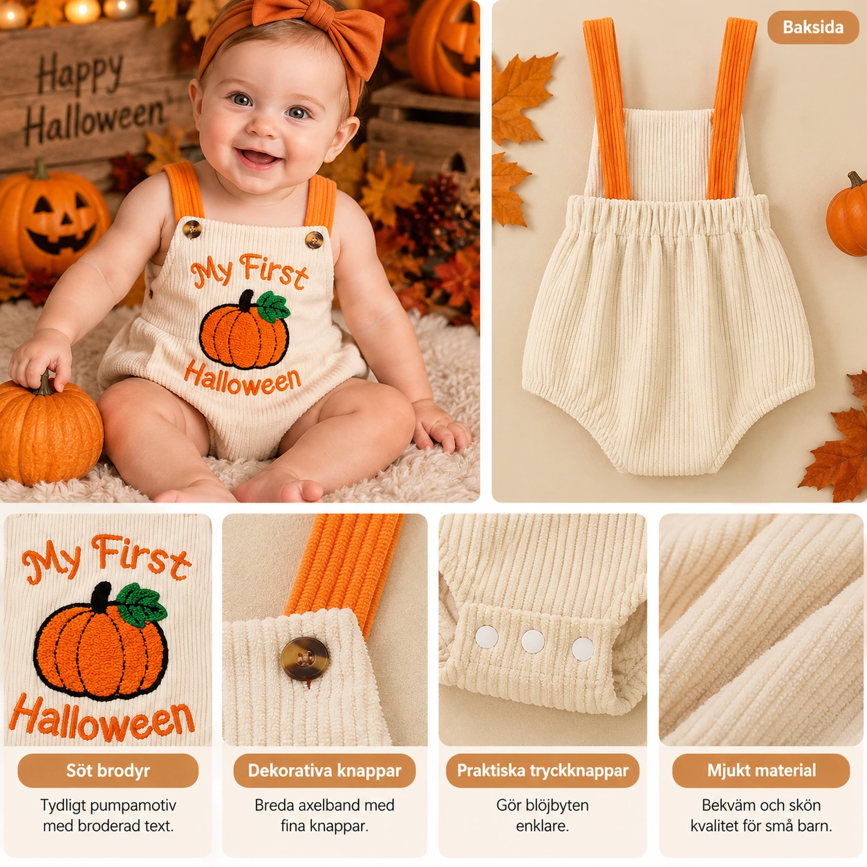 Babybody för Halloween med pumpamotiv