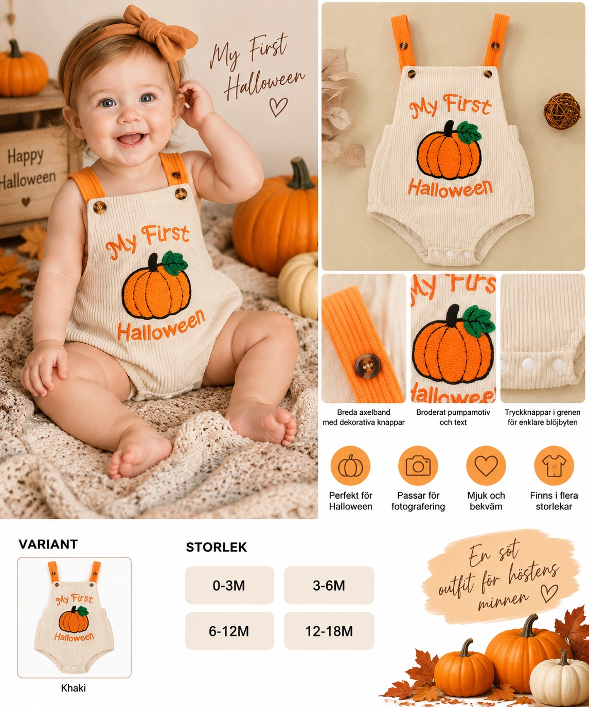 Babybody för Halloween med pumpamotiv
