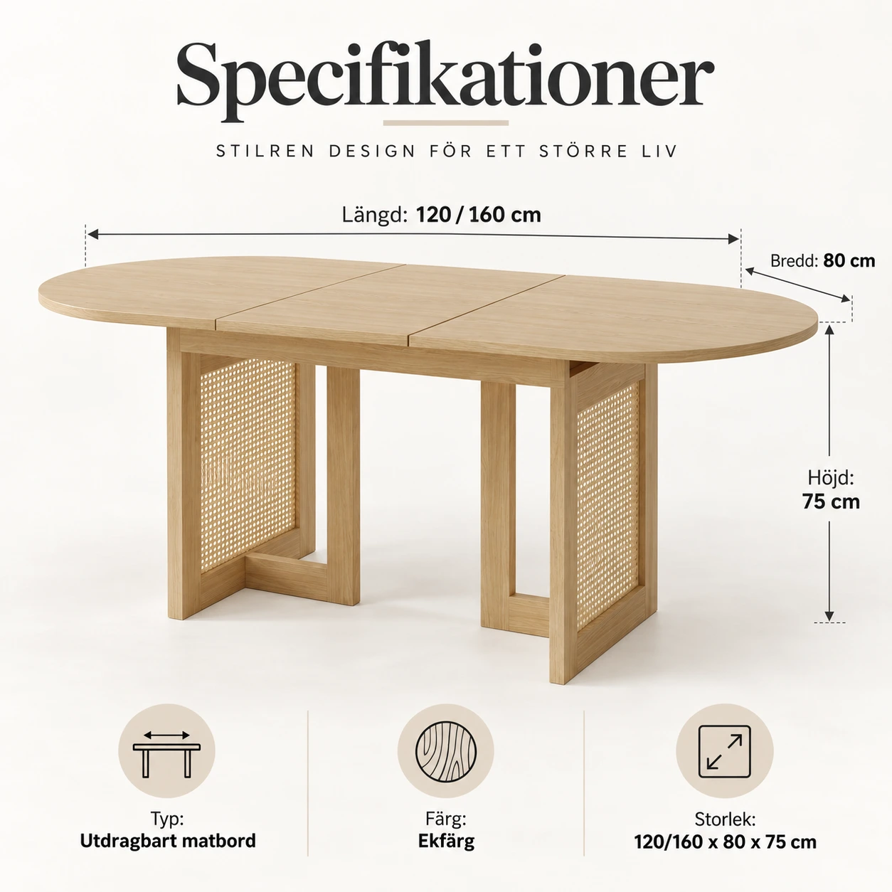Jatkettava ruokapöytä pyöristetyillä kulmilla 120/160 x 80 cm
