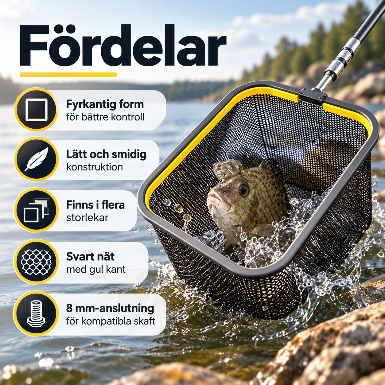 Håvhuvud för fiske med fyrkantig form