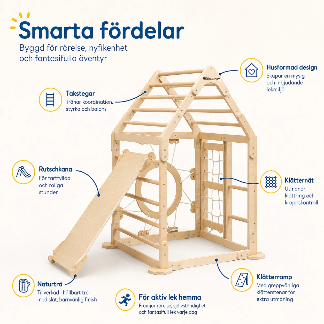 Klätterställning i Trä Husform med Rutschkana och Klätternät för Barn