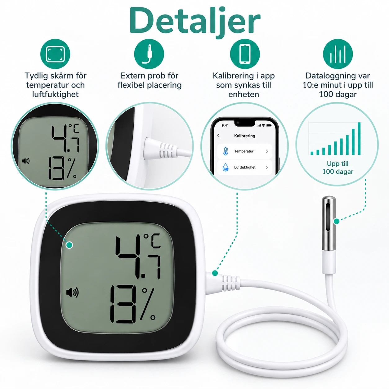 Bluetooth termometer och hygrometer med prob