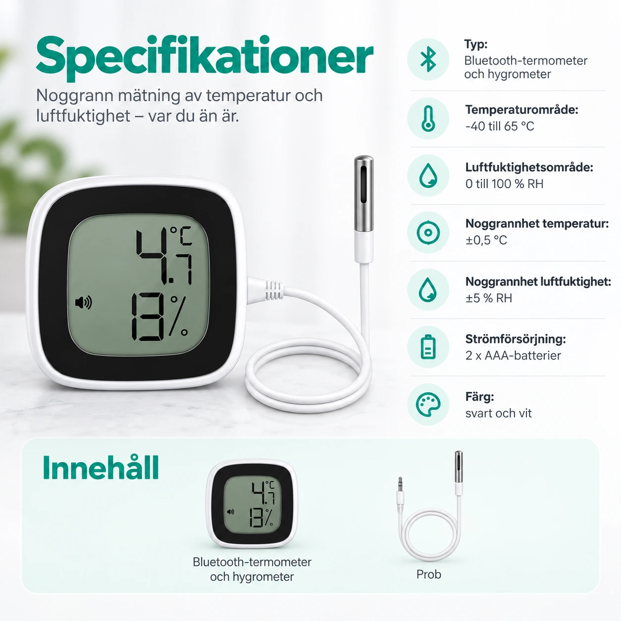 Bluetooth termometer och hygrometer med prob