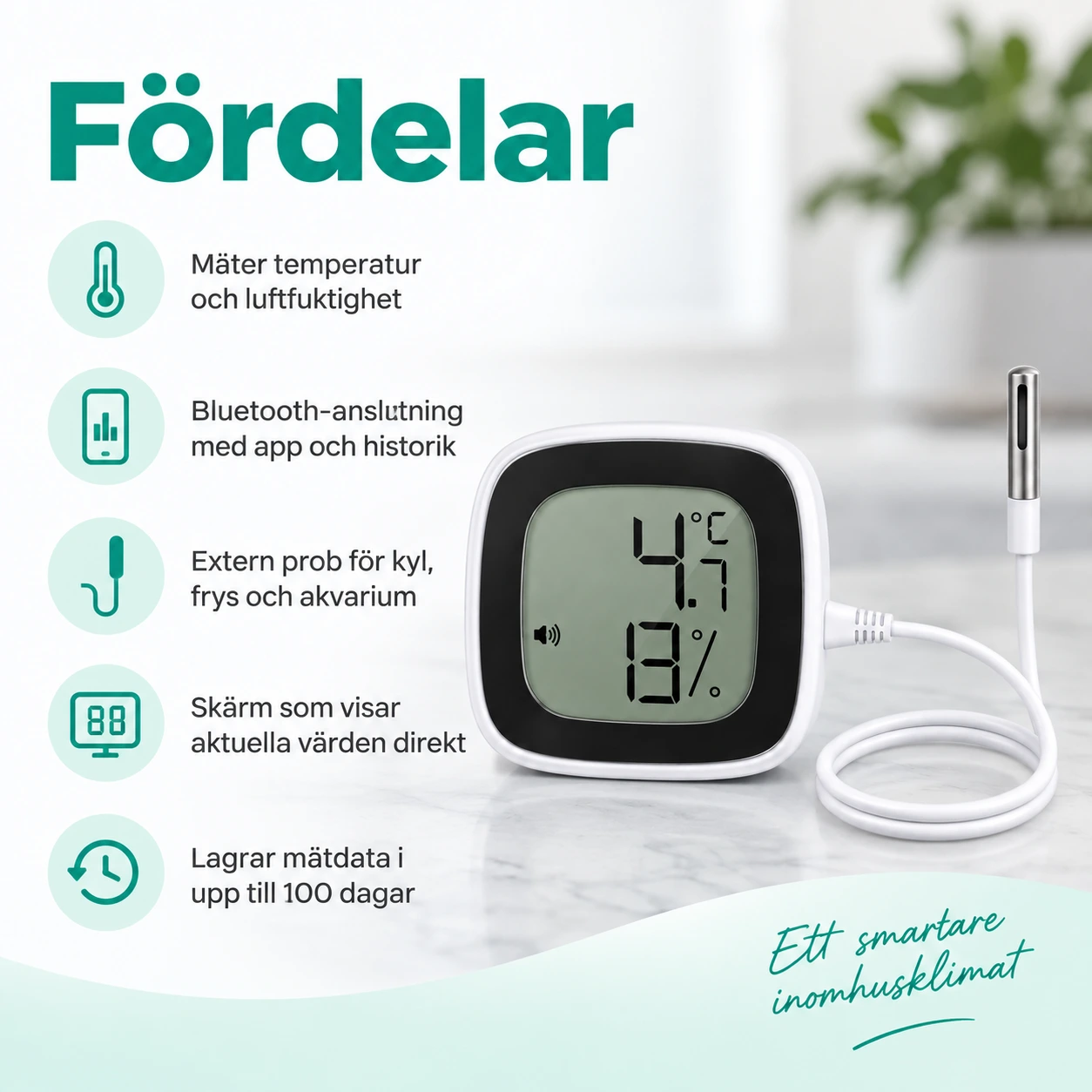 Bluetooth termometer och hygrometer med prob
