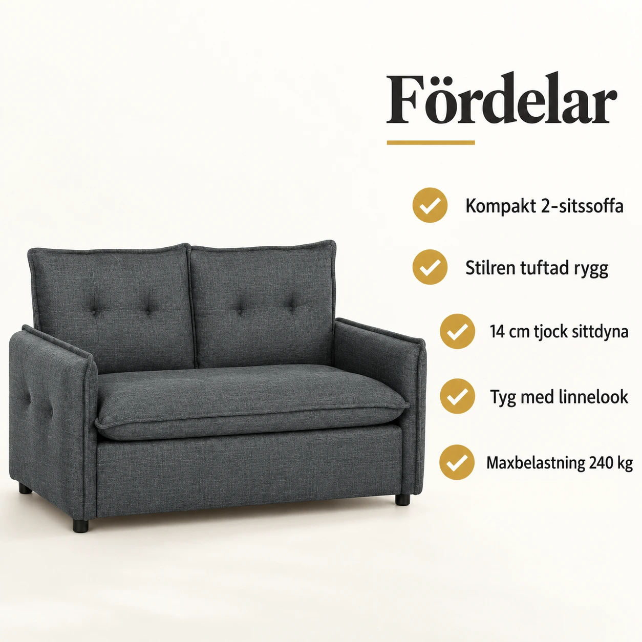 2-sitssoffa för små utrymmen med tuftad rygg