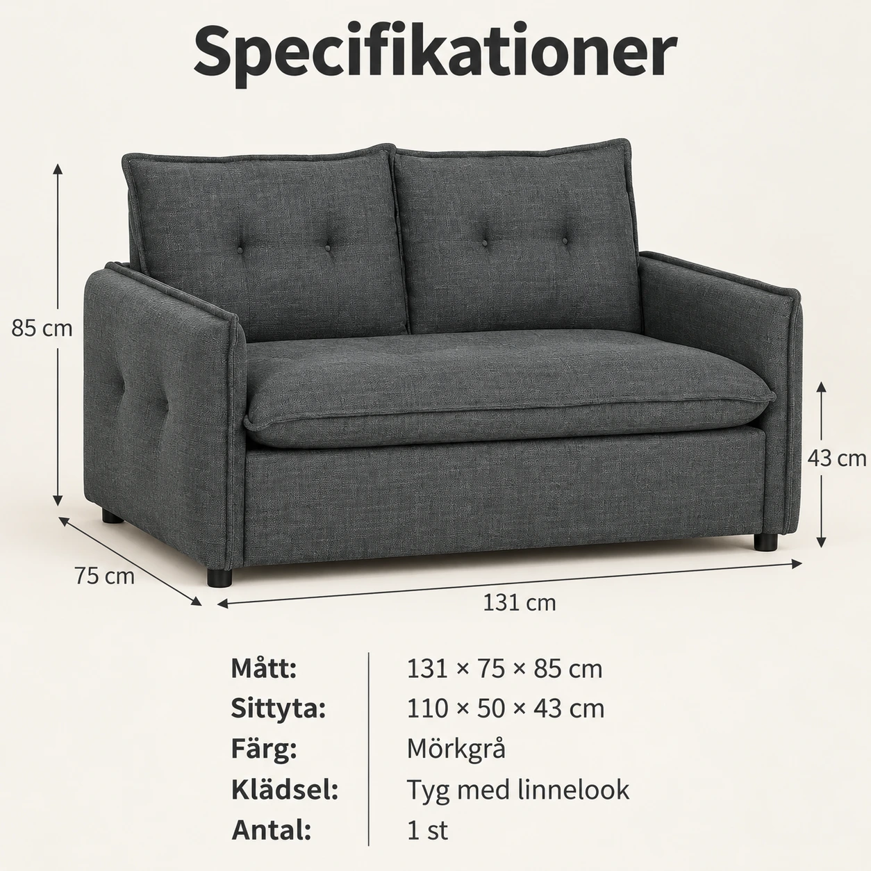 2-sitssoffa för små utrymmen med tuftad rygg