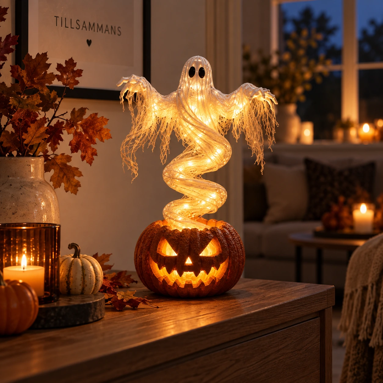 Halloween-lamppu kurpitsassa oleva aave LED-valolla, 21 cm
