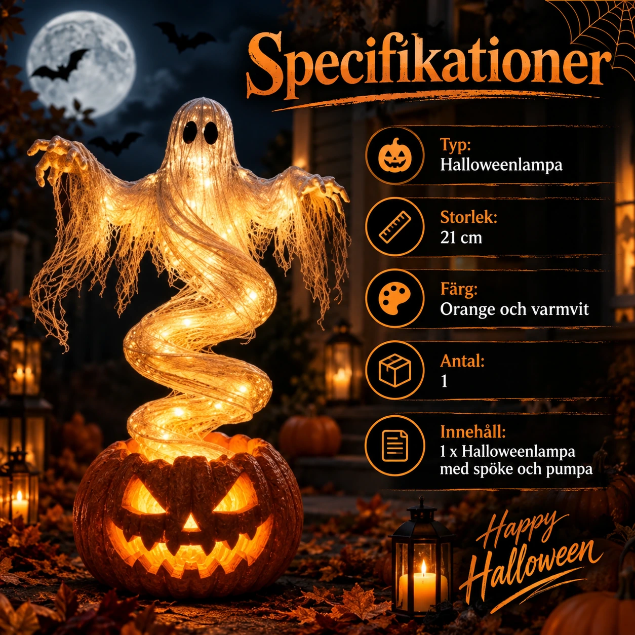 Halloweenlampa spöke i pumpa med LED, 21 cm