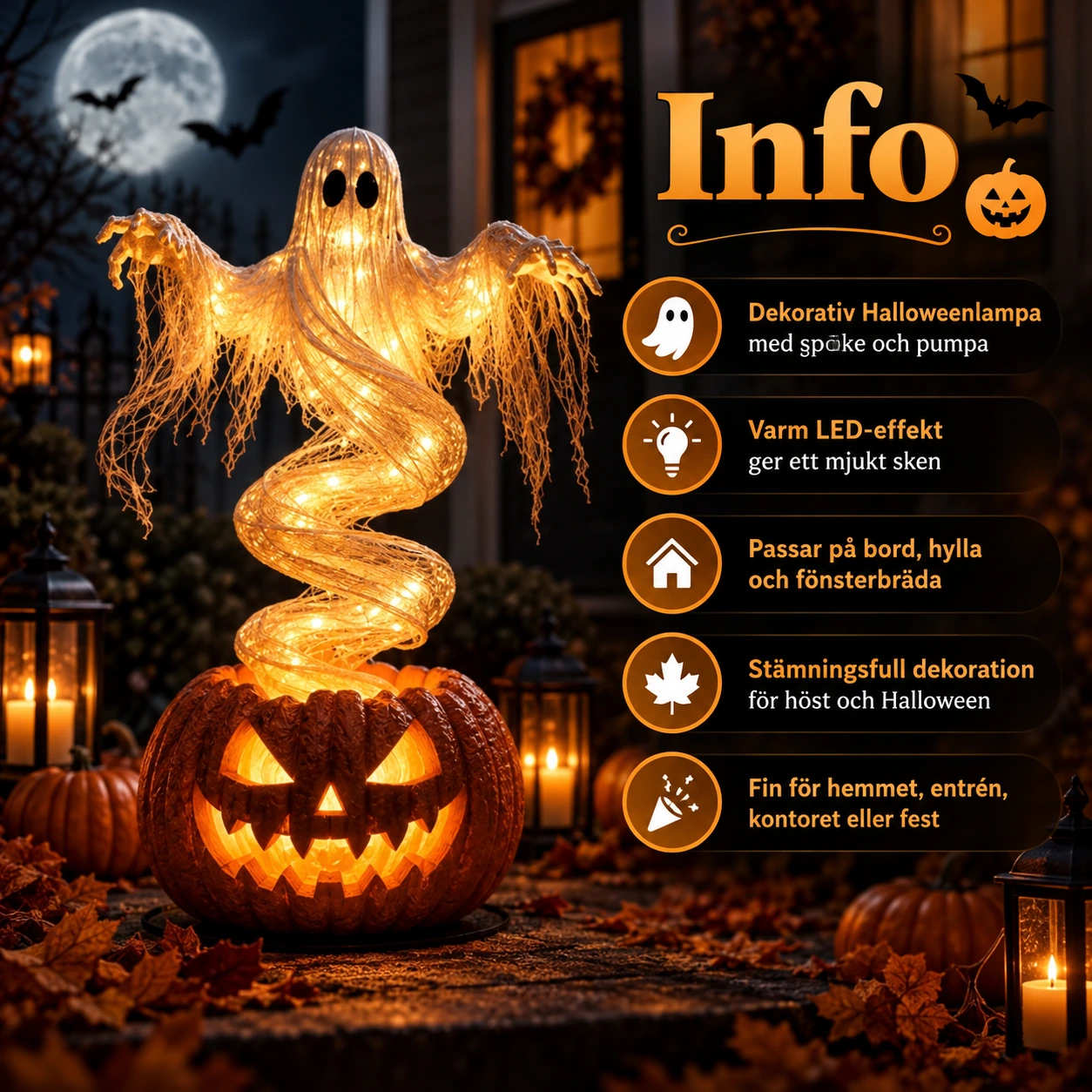 Halloween-lamppu kurpitsassa oleva aave LED-valolla, 21 cm