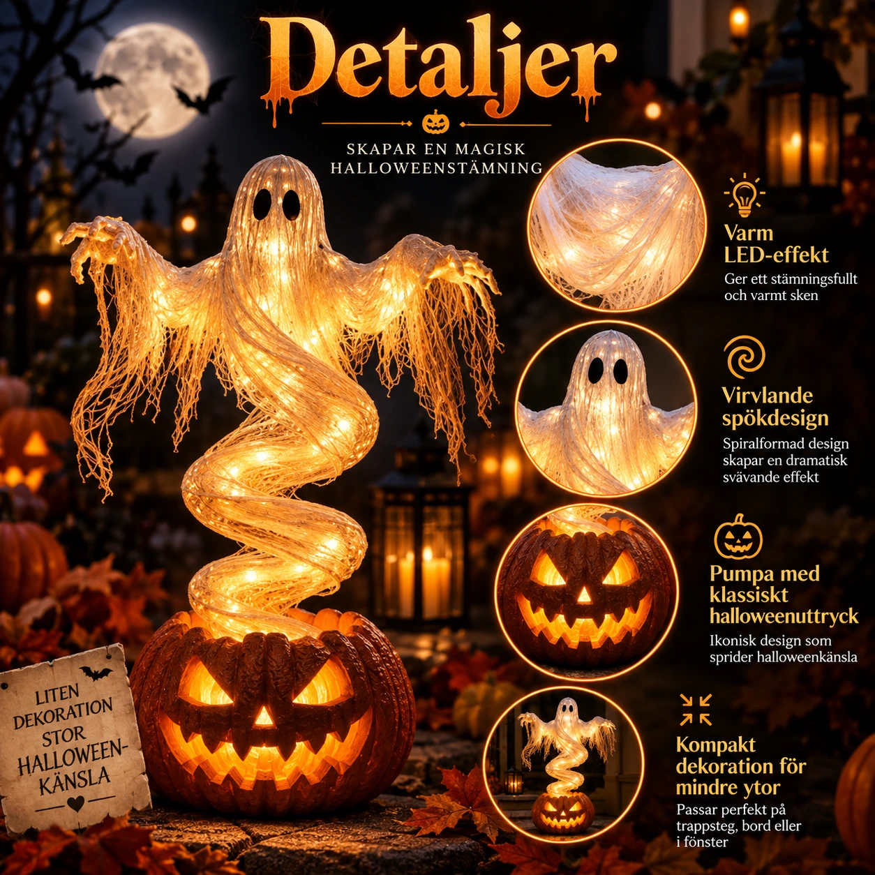 Halloweenlampa spöke i pumpa med LED, 21 cm