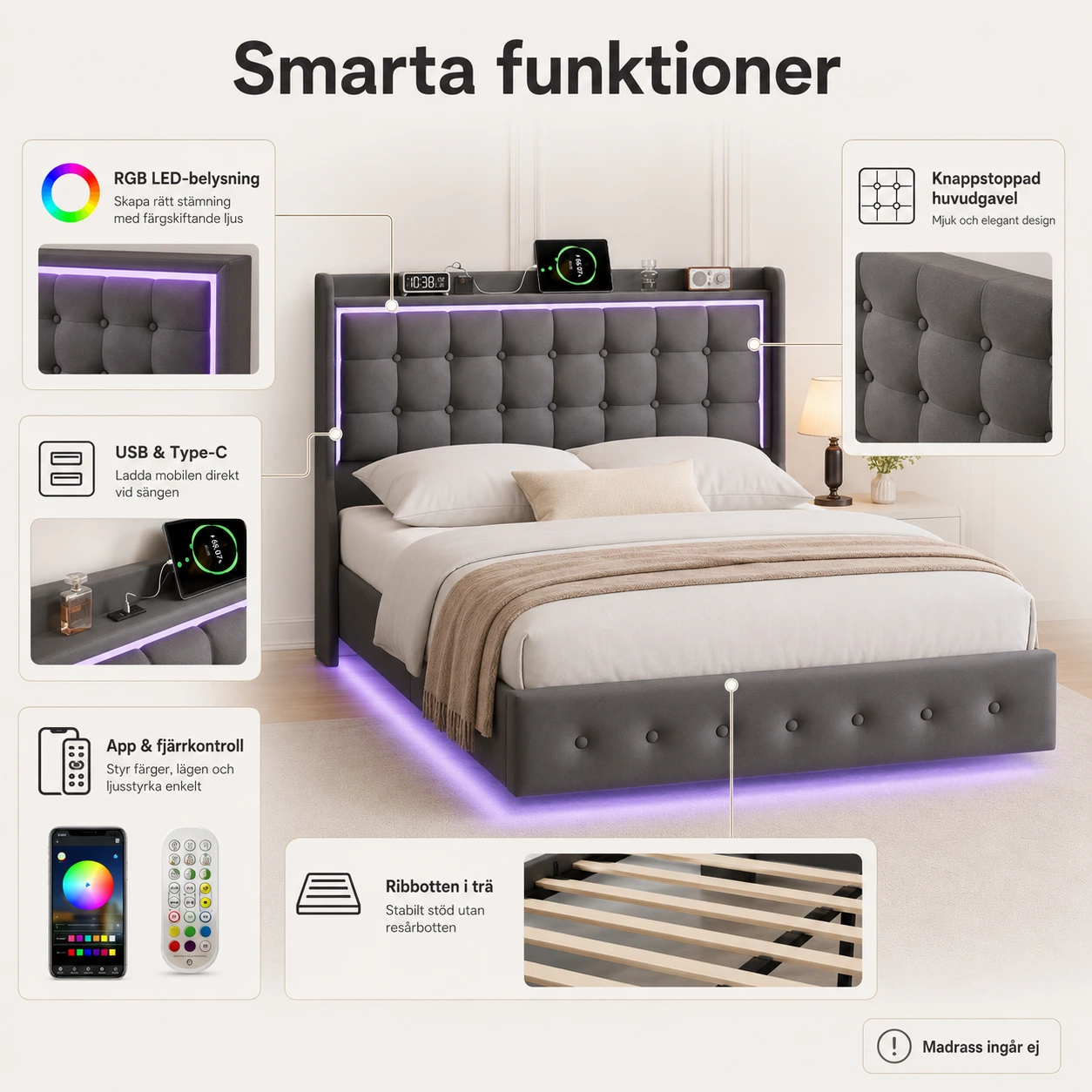 LED-Sängram 160x200 med USB och RGB-belysning