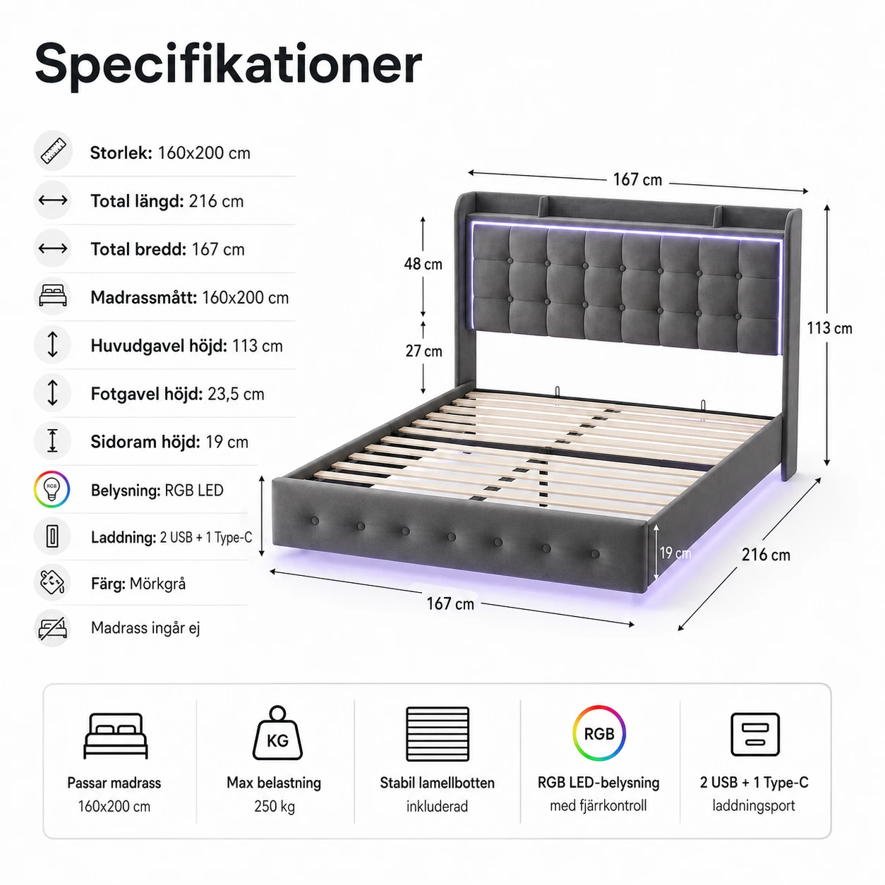 LED-Sängram 160x200 med USB och RGB-belysning