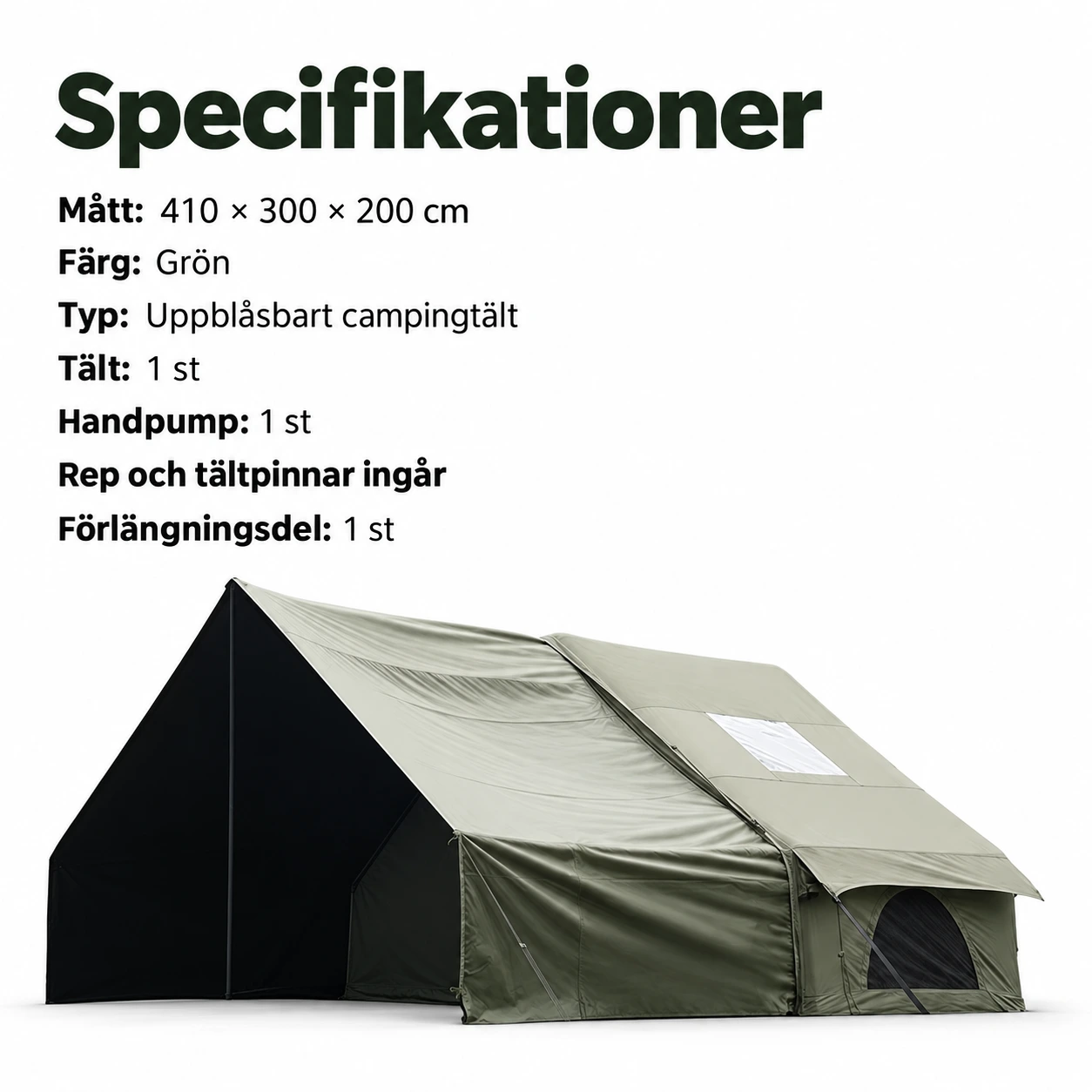 Uppblåsbart campingtält med golv och handpump, 410 x 300 cm