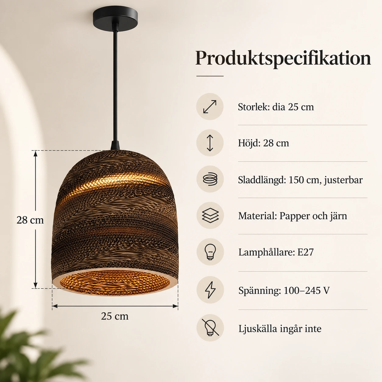 Taklampa i papper med E27-sockel, dia 25 cm