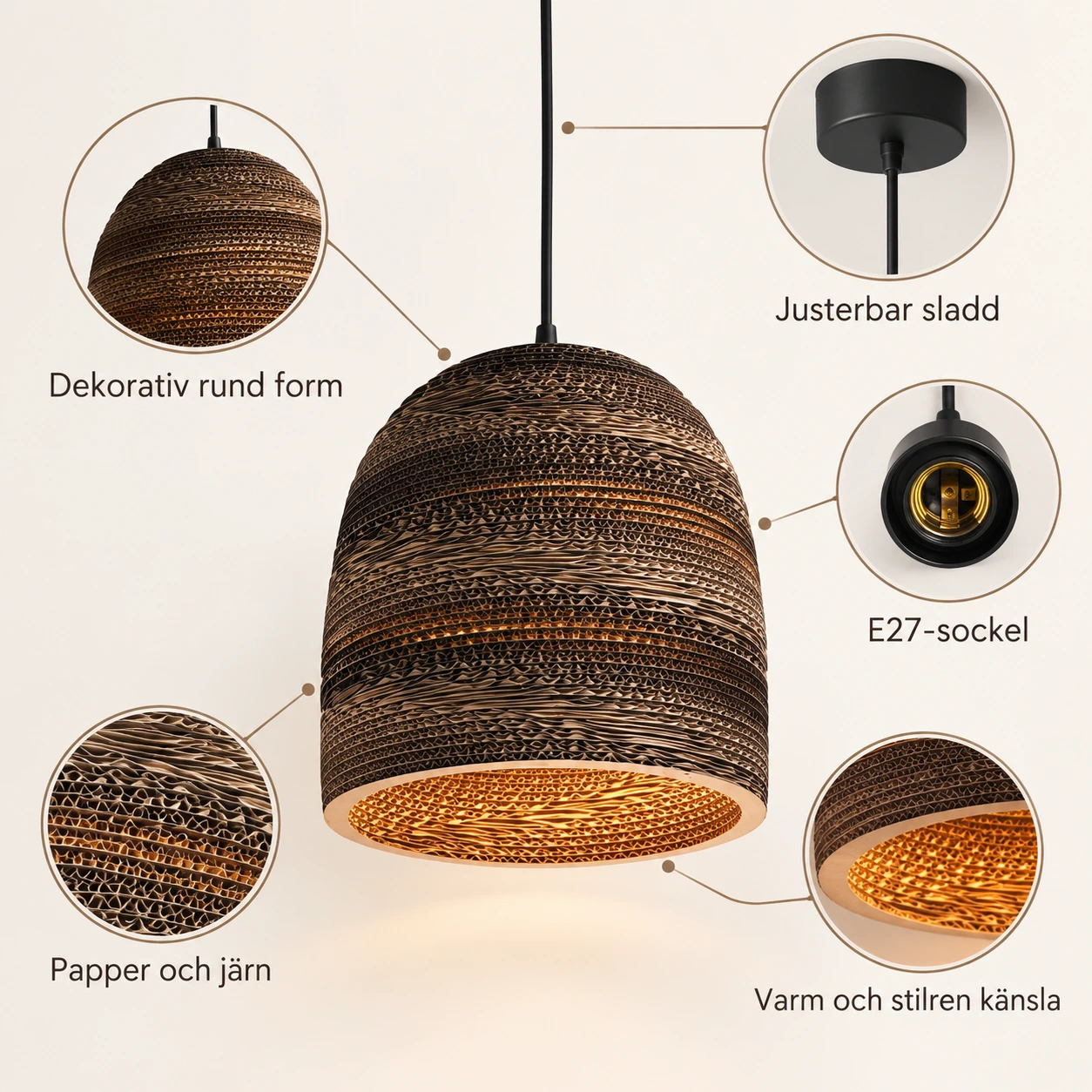 Taklampa i papper med E27-sockel, dia 25 cm