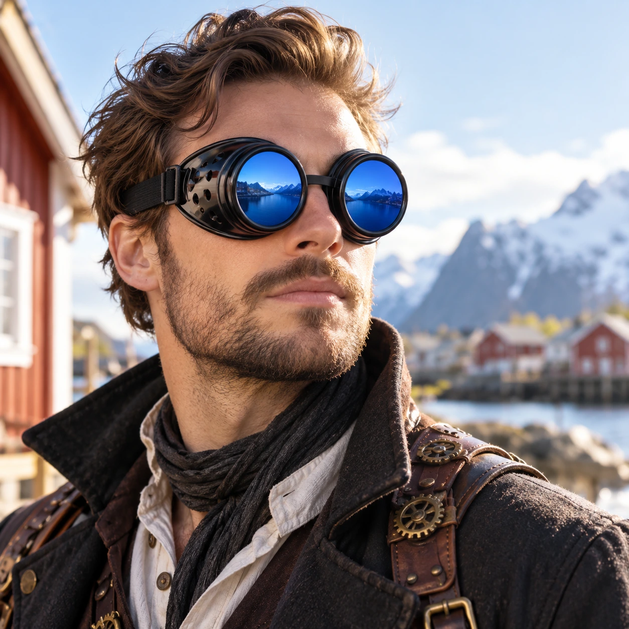 Svarta Steampunk Skyddsglasögon med Blå Linser