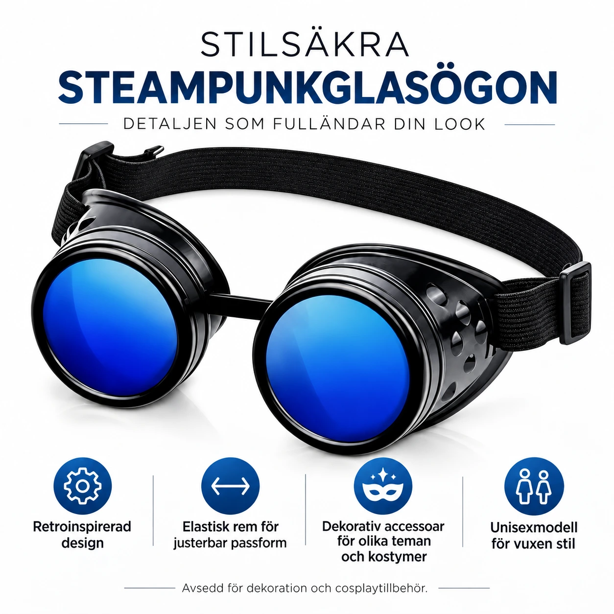 Svarta Steampunk Skyddsglasögon med Blå Linser