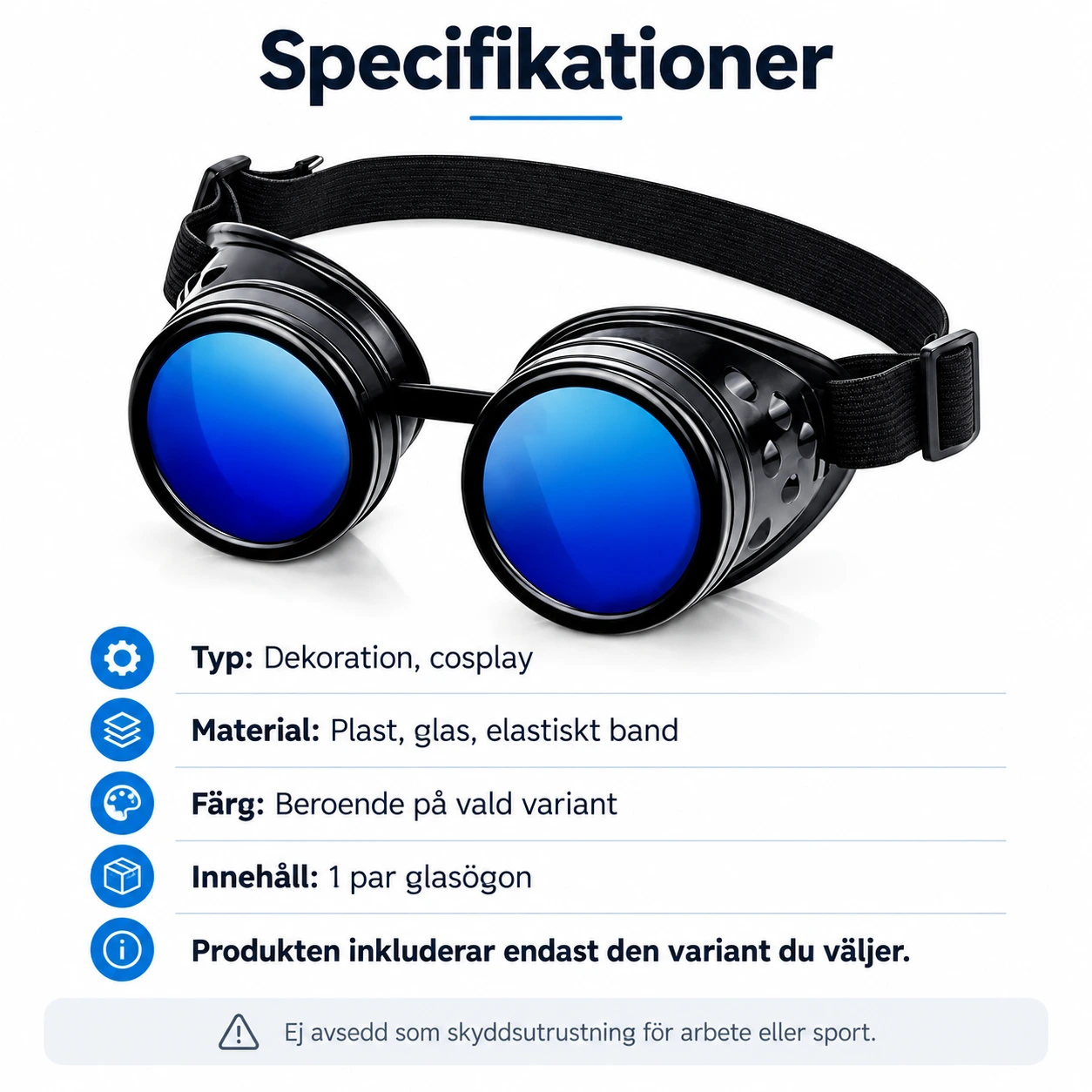 Svarta Steampunk Skyddsglasögon med Blå Linser