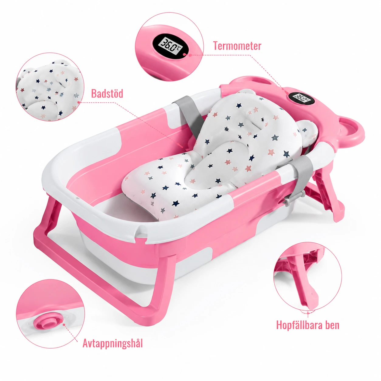 Hopfällbart babybadkar med badstöd och termometer