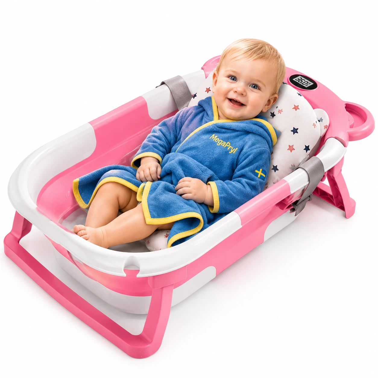 Hopfällbart babybadkar med badstöd och termometer