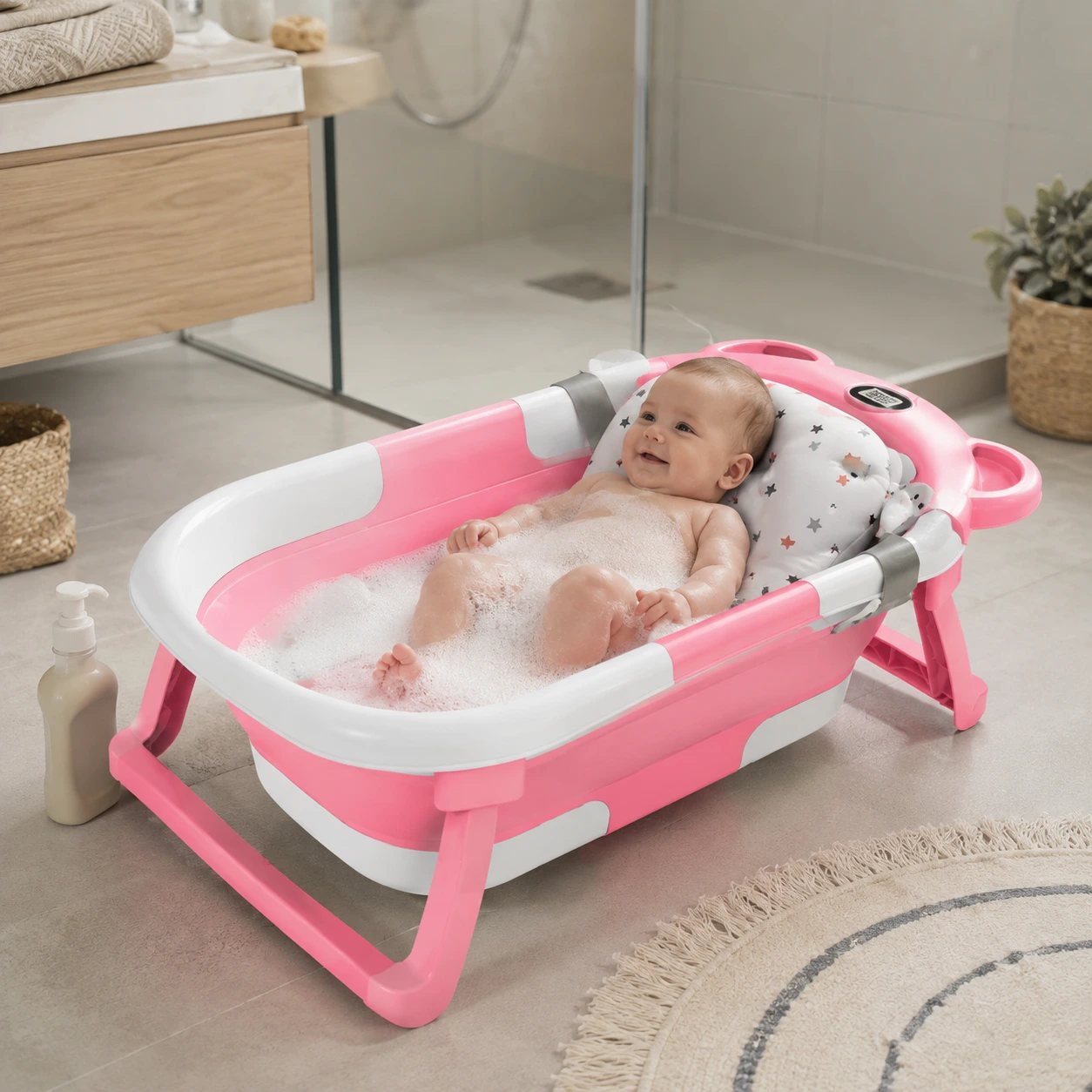 Hopfällbart babybadkar med badstöd och termometer