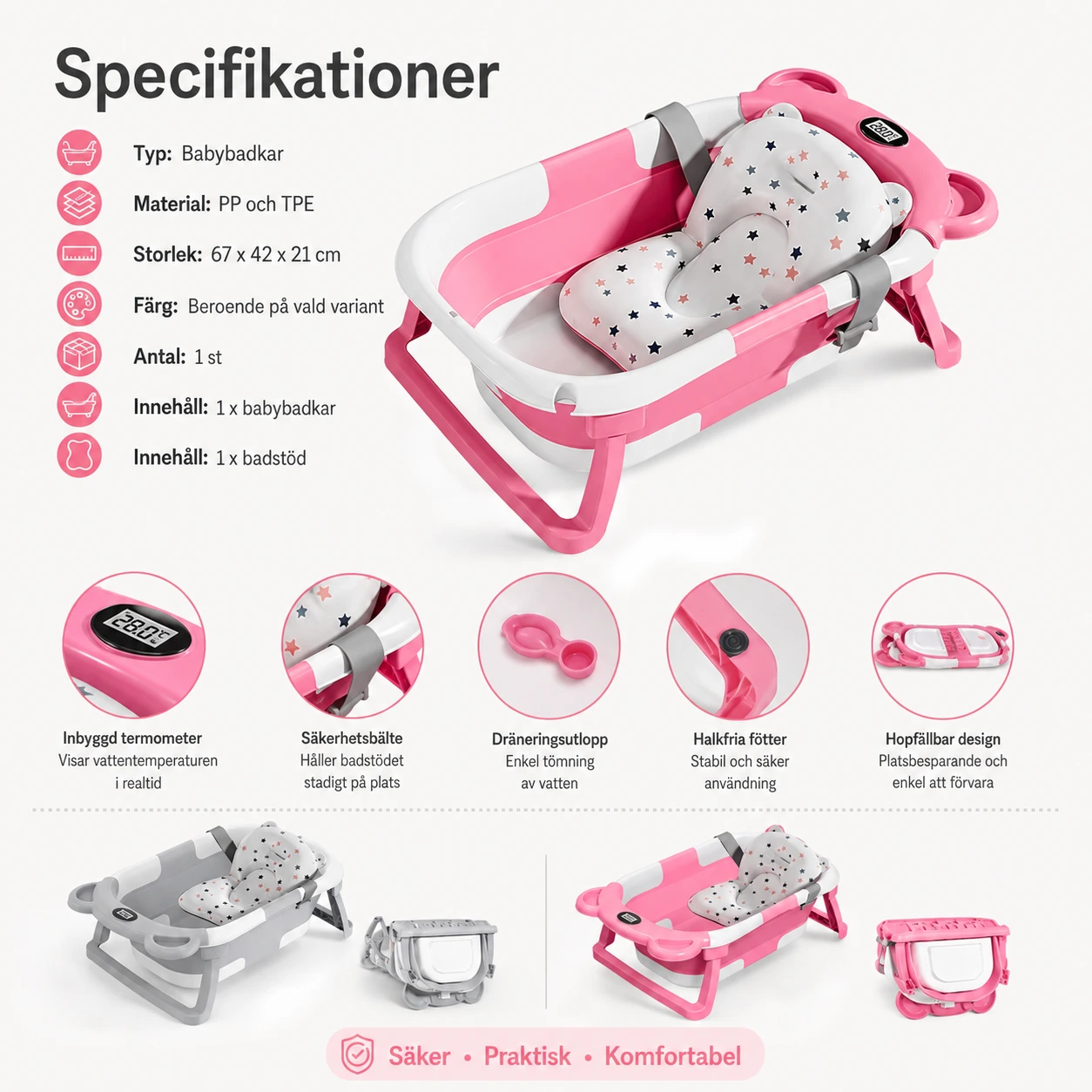 Hopfällbart babybadkar med badstöd och termometer