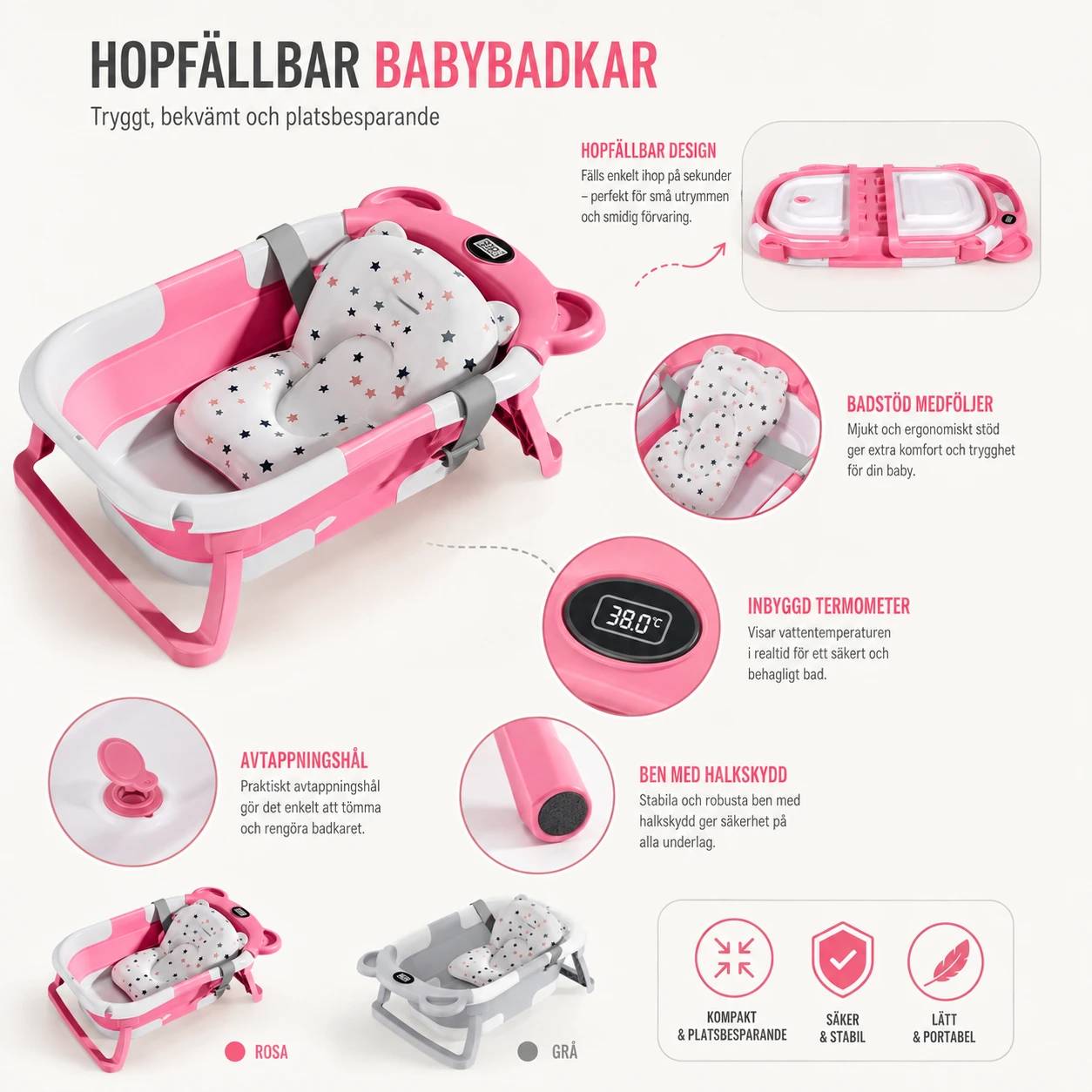 Hopfällbart babybadkar med badstöd och termometer