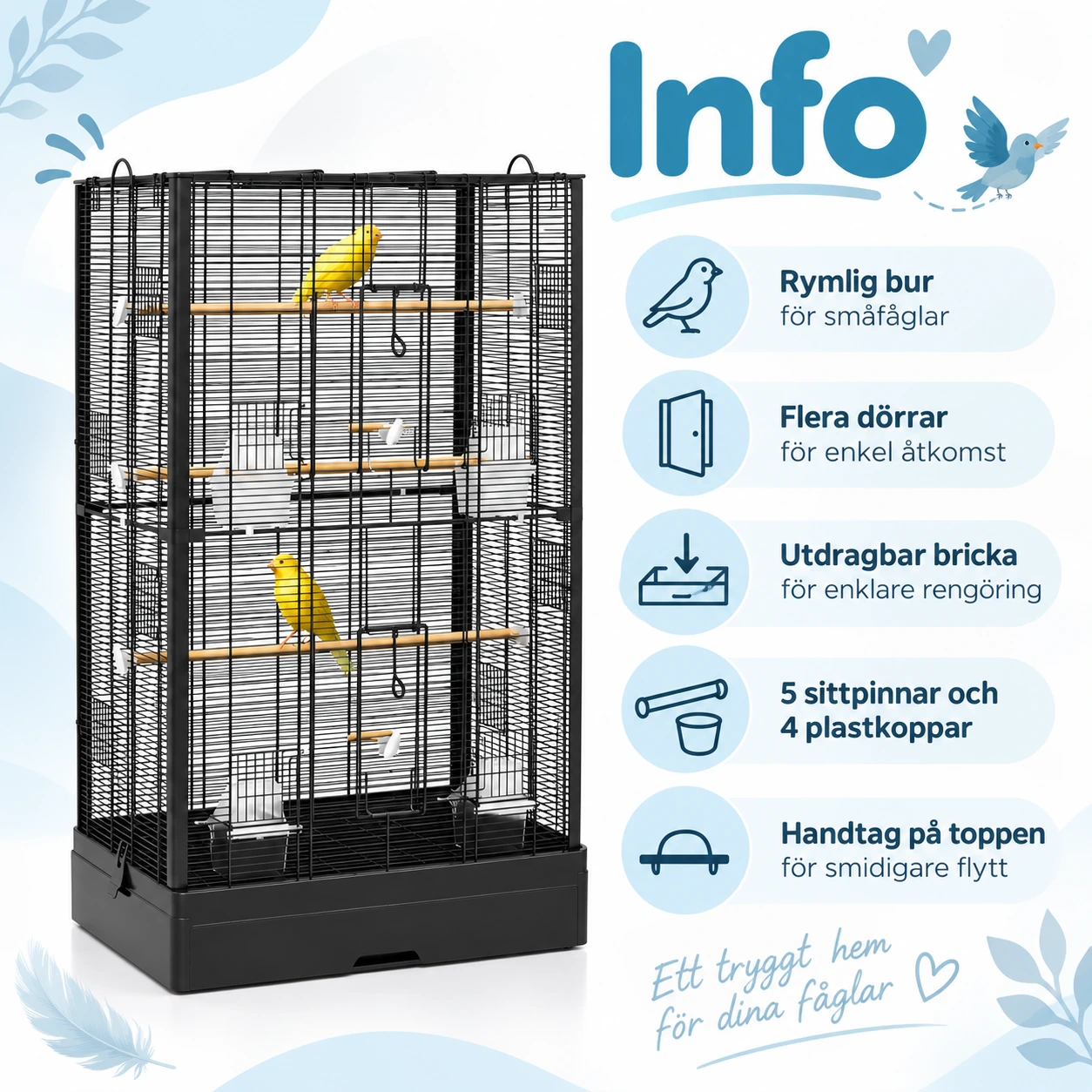 Fågelbur för småfåglar med dörrar och utdragbar bricka