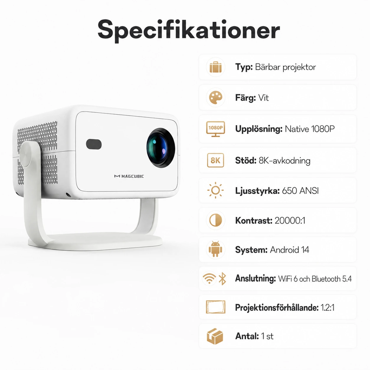 Bärbar projektor med Android 14 och automatisk keystone