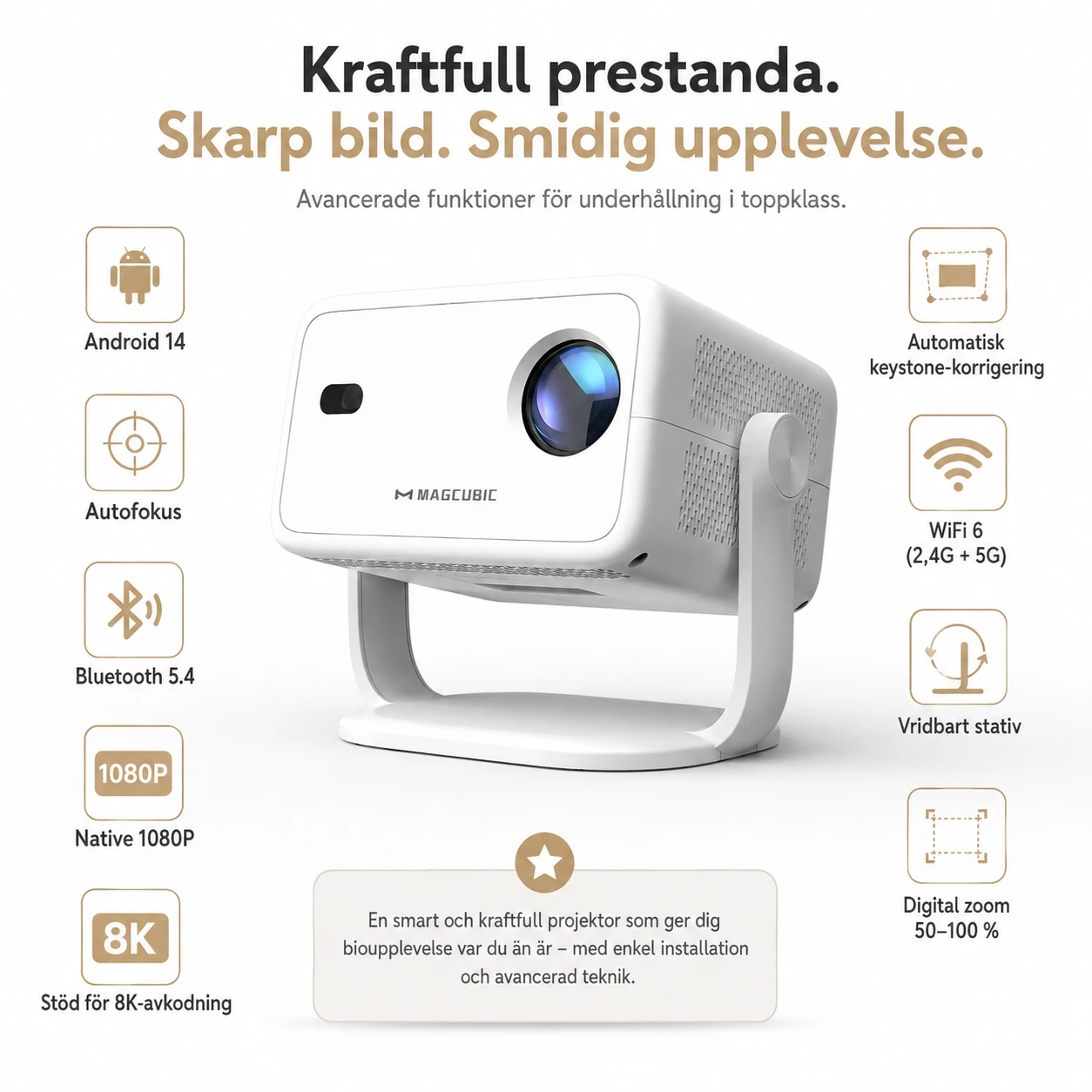 Bärbar projektor med Android 14 och automatisk keystone