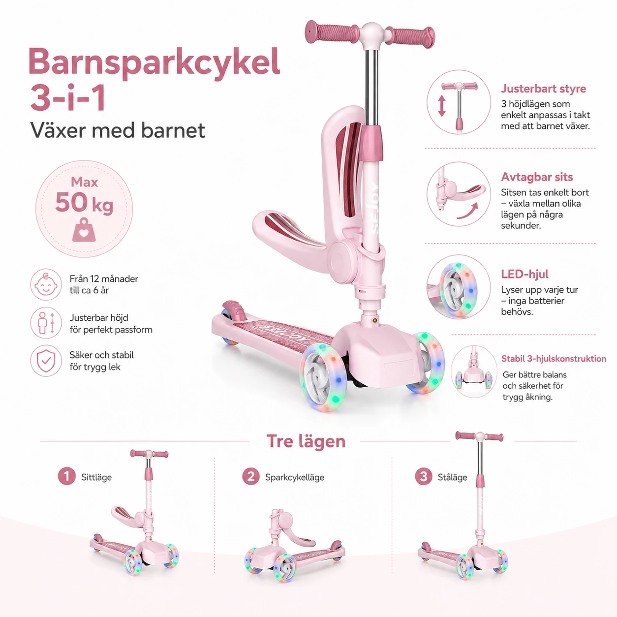 Barnsparkcykel 3-i-1 – Med Sits & LED-hjul