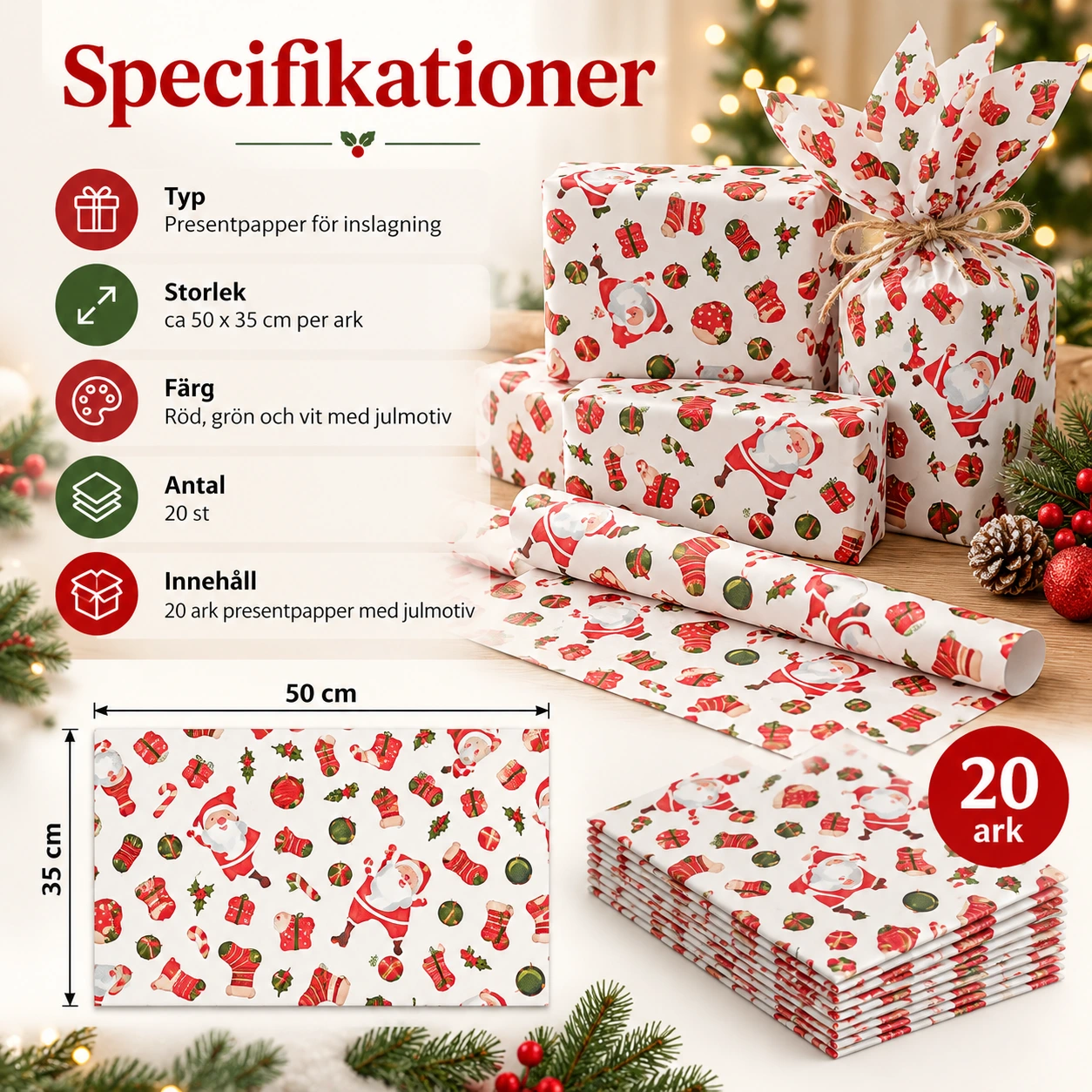 Presentpapper med julmotiv för julklappar, 20-pack
