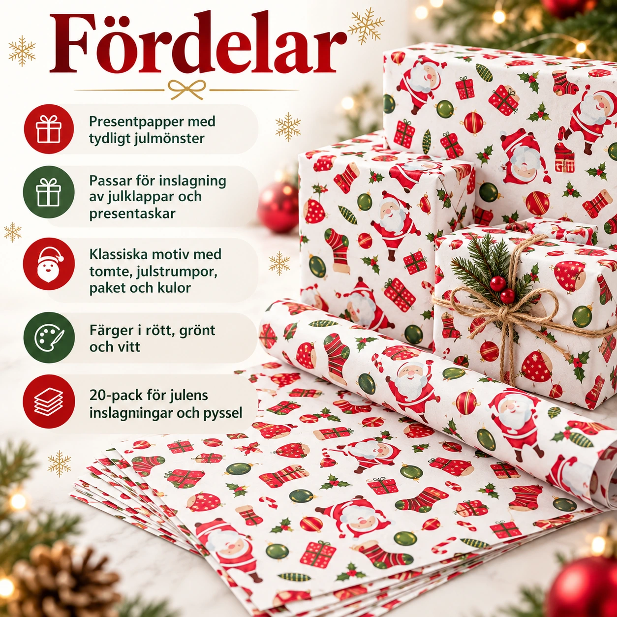 Presentpapper med julmotiv för julklappar, 20-pack