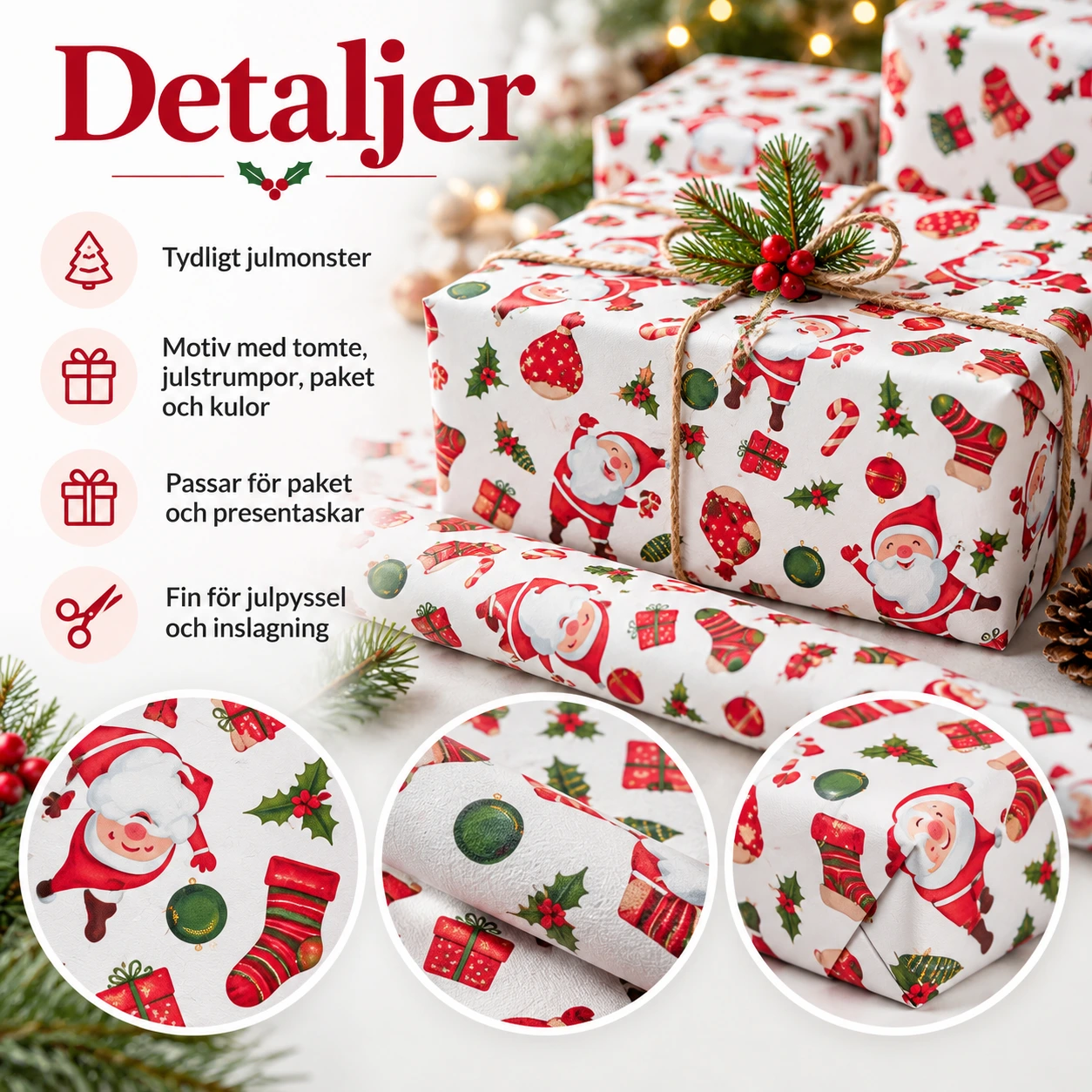 Presentpapper med julmotiv för julklappar, 20-pack