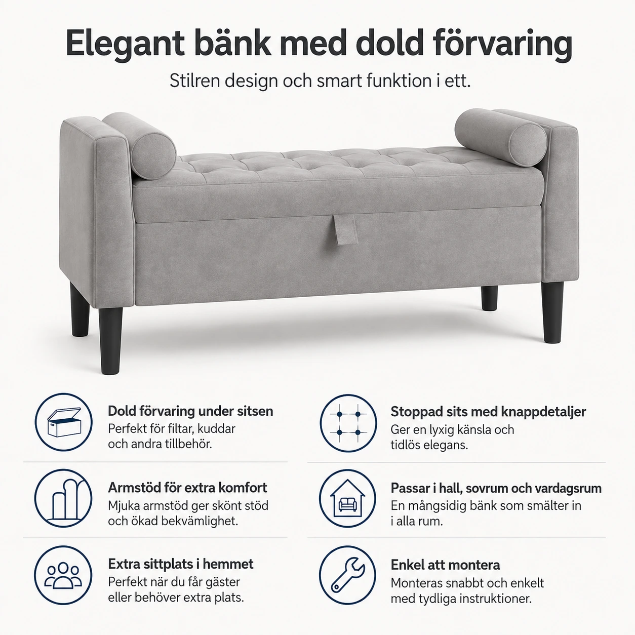 Förvaringsbänk med armstöd och lock för hall och sovrum
