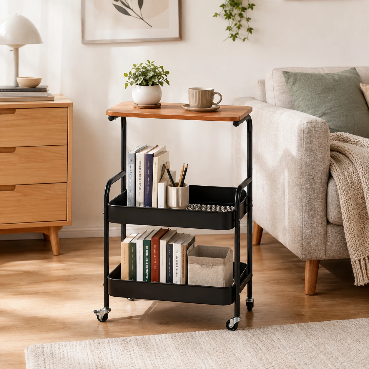 Rullvagn med sidobord och hjul för hem och kontor