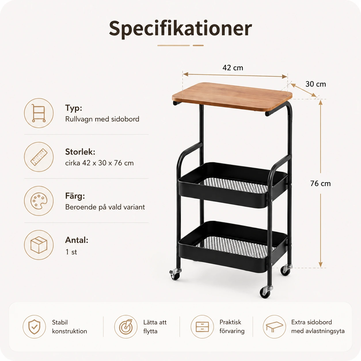 Rullvagn med sidobord och hjul för hem och kontor